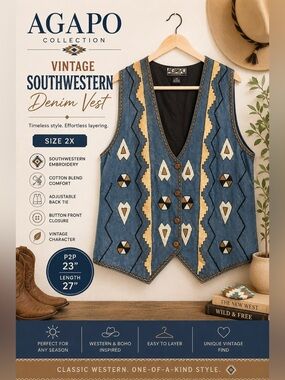 Vintage Agapo Collection Southwestern Denim Embroidered Vest 2X Boho Western